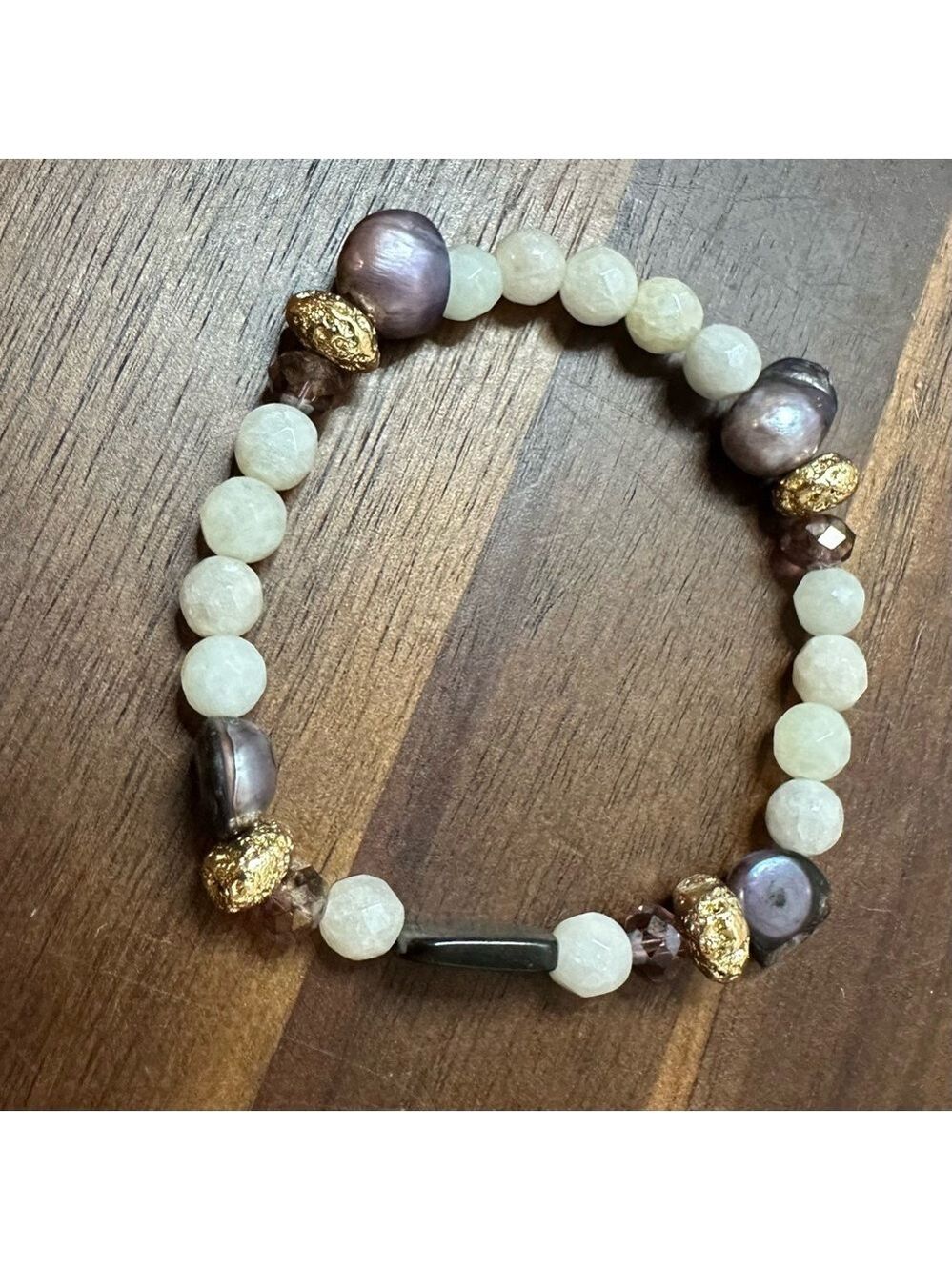 Elegant Gemstone & Mother of Pearl Beaded Stretch Bracelet Gold Accents 6.5”